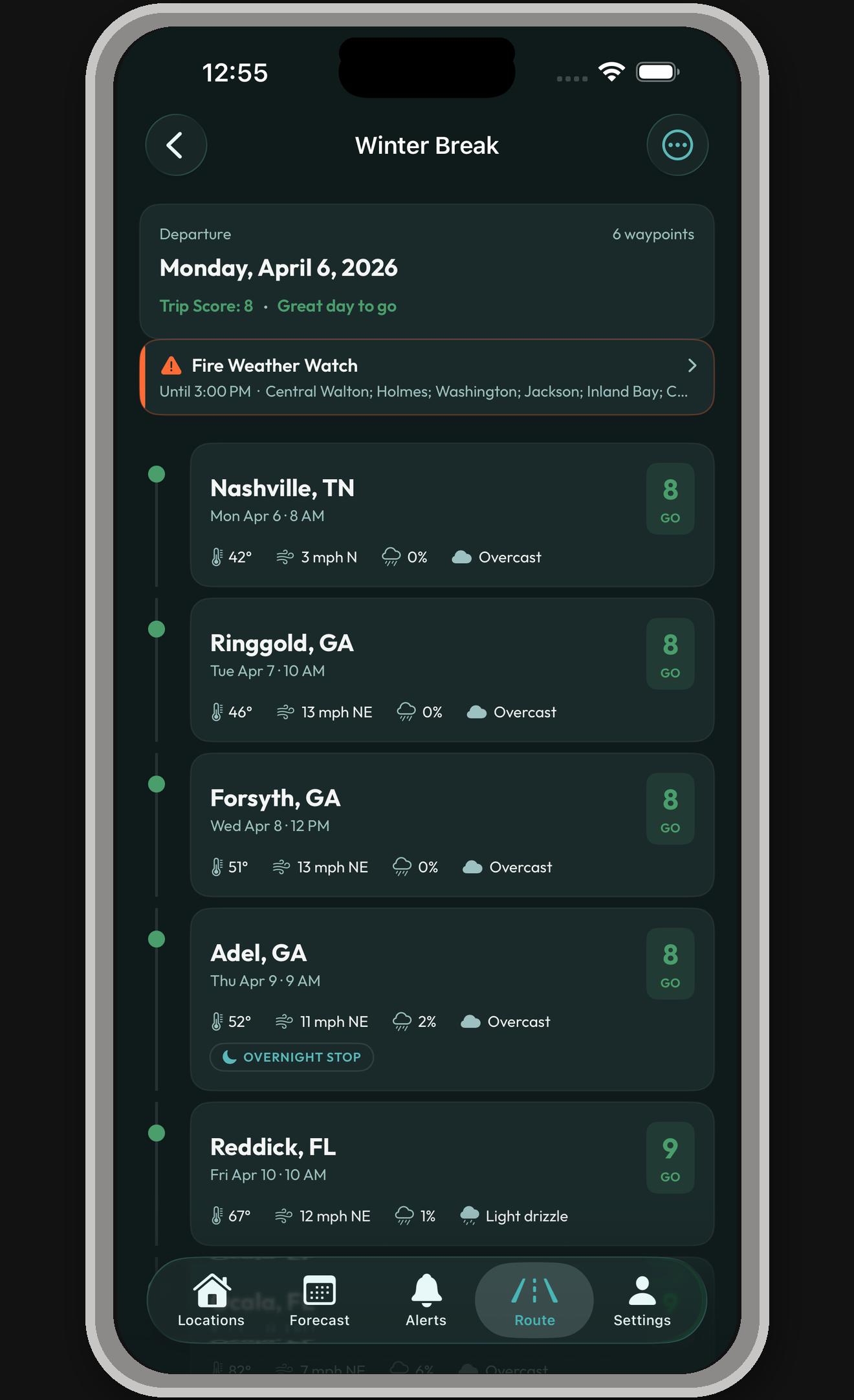 Route weather by waypoint